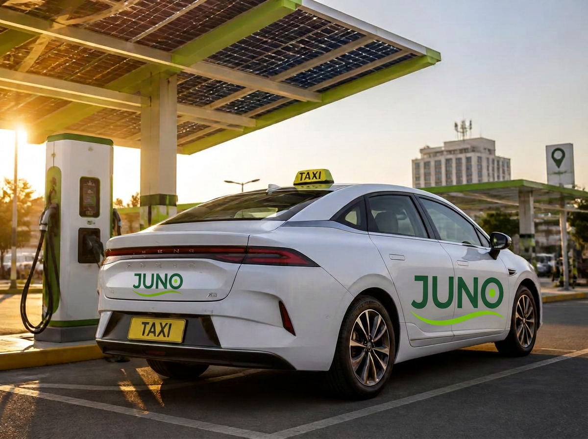 JUNO electric taxi charging under a solar canopy