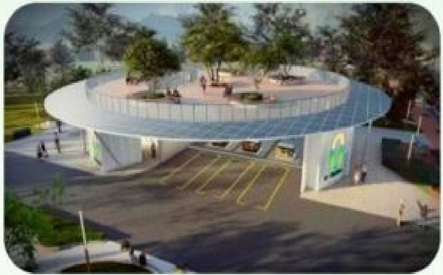 Concept design of a circular solar-roofed JUNO charging station with a rooftop park
