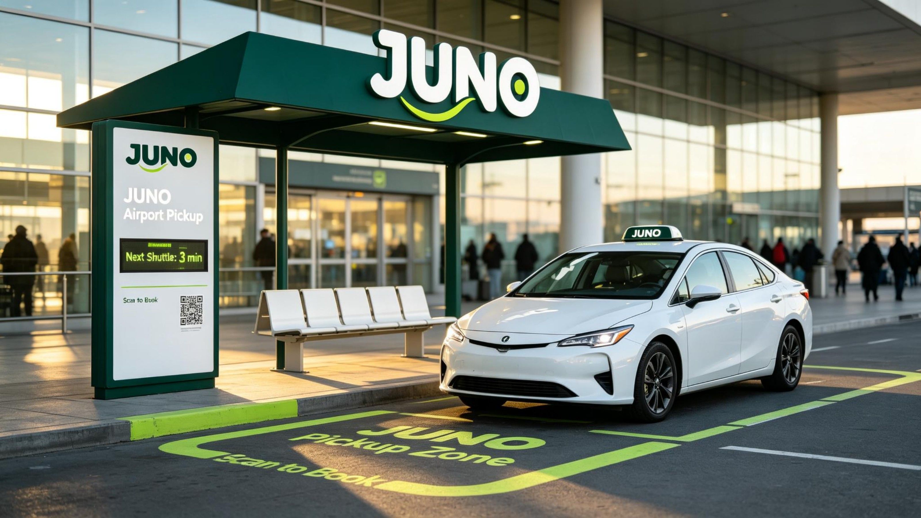 JUNO airport pickup zone with an electric taxi and digital arrival sign